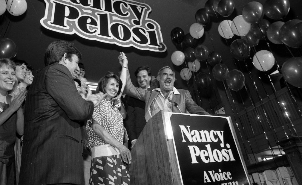 Pelosi celebrates in San Francisco on election night in 1987. She won a special election to fill a seat representing California's 5th Congressional District.