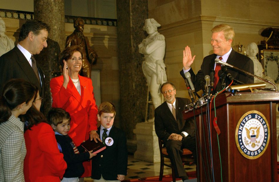 Pelosi is sworn in as the new House Minority Whip by House Minority Leader Richard A. Gephardt in 2001. Outgoing House Minority Whip David Bonior, center, was resigning to run for governor in Michigan. Pelosi is standing with her is husband, Paul; daughter, Nancy Corrine Prowda; and grandsons Alexander Prowda and Liam Kennealy.