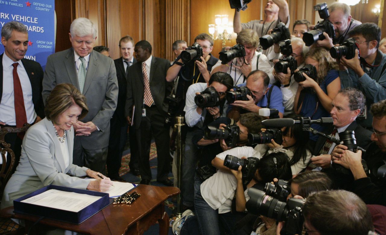 Pelosi signs the financial bailout bill at a news conference after it passed through the House Floor at the Capitol in 2008. Congress approved a $700 billion bailout package for US banks as efforts to head off a spreading global financial crisis hung in the balance.