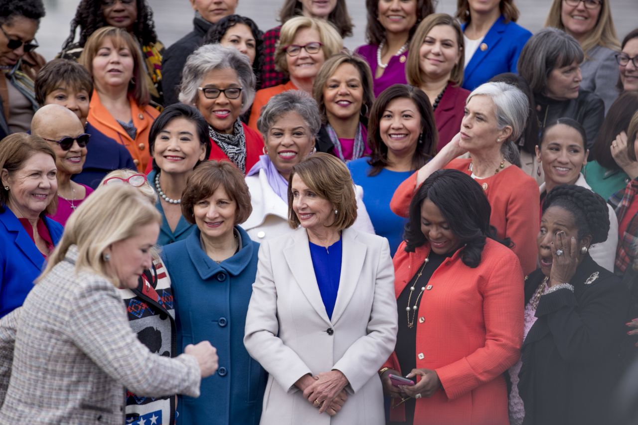 Pelosi arrives for a group photo with the House Democratic women members of the 116th Congress on the steps of the Capitol in 2019. There were <a href="https://www.cnn.com/2019/01/03/politics/new-congress-history-women-diversity/" target="_blank">record numbers of women</a> sworn in that year.