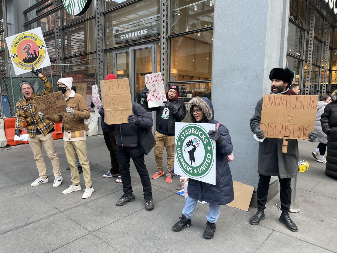 Starbucks workers picket a location in New York City, as part of a one-day strike at more than 100 stores nationwide.