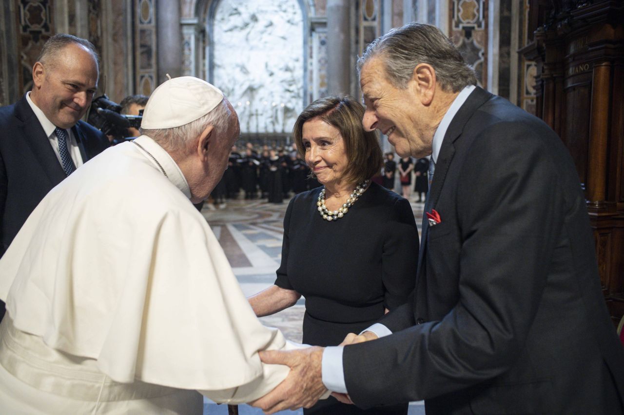 Pope Francis greets Pelosi and her husband, Paul, before celebrating a Mass in St. Peter's Basilica at the Vatican in June 2022. Pelosi received communion during Mass <a href="https://www.cnn.com/2022/05/20/politics/pelosi-communion-ban-abortion-san-francisco-archdiocese/index.html" target="_blank">despite her support for abortion rights</a>.
