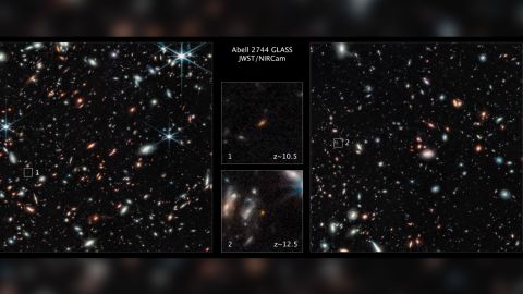 Two distant galaxies were observed by the James Webb Space Telescope. The galaxy labeled No. 1 existed only 450 million years after the big bang. The galaxy labeled No. 2 existed 350 million years after the big bang. 