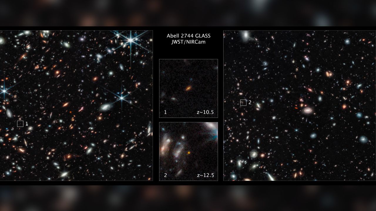 Two distant galaxies were observed by the James Webb Space Telescope. The galaxy labeled No. 1 existed only 450 million years after the big bang. The galaxy labeled No. 2 existed 350 million years after the big bang. 