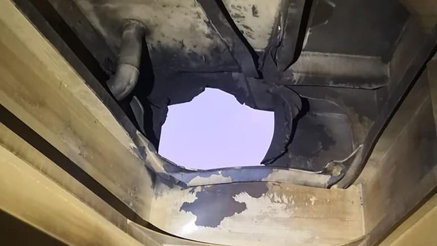 Damage to the tanker ship Pacific Zircon, which was struck by an exploding drone off the coast of Oman on November 15, 2022, according to US and Israeli officials. Photo obtained exclusively by CNN on November 17 from a Western defense official.