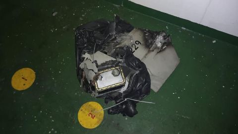 The remains of a drone that struck the tanker Pacific Zircon on Monday November 15, 2022, in a photo obtained exclusively by CNN from a Western defense official on Thursday November 17, 2022