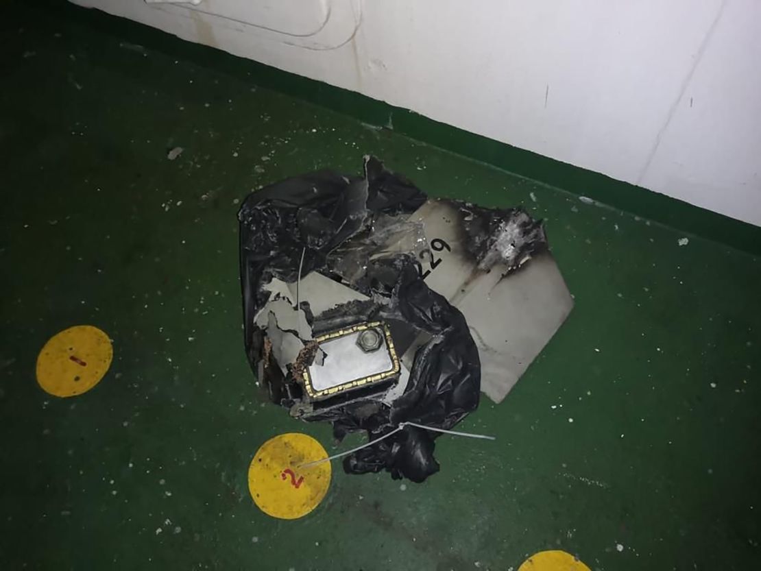 The remains of a drone that struck the tanker Pacific Zircon on Monday November 15, 2022, in a photo obtained exclusively by CNN from a Western defense official on Thursday November 17,  2022