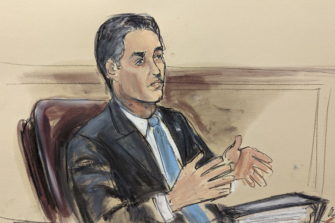 In this sketch, former Tesla board member Antonio Gracias testifies in court.