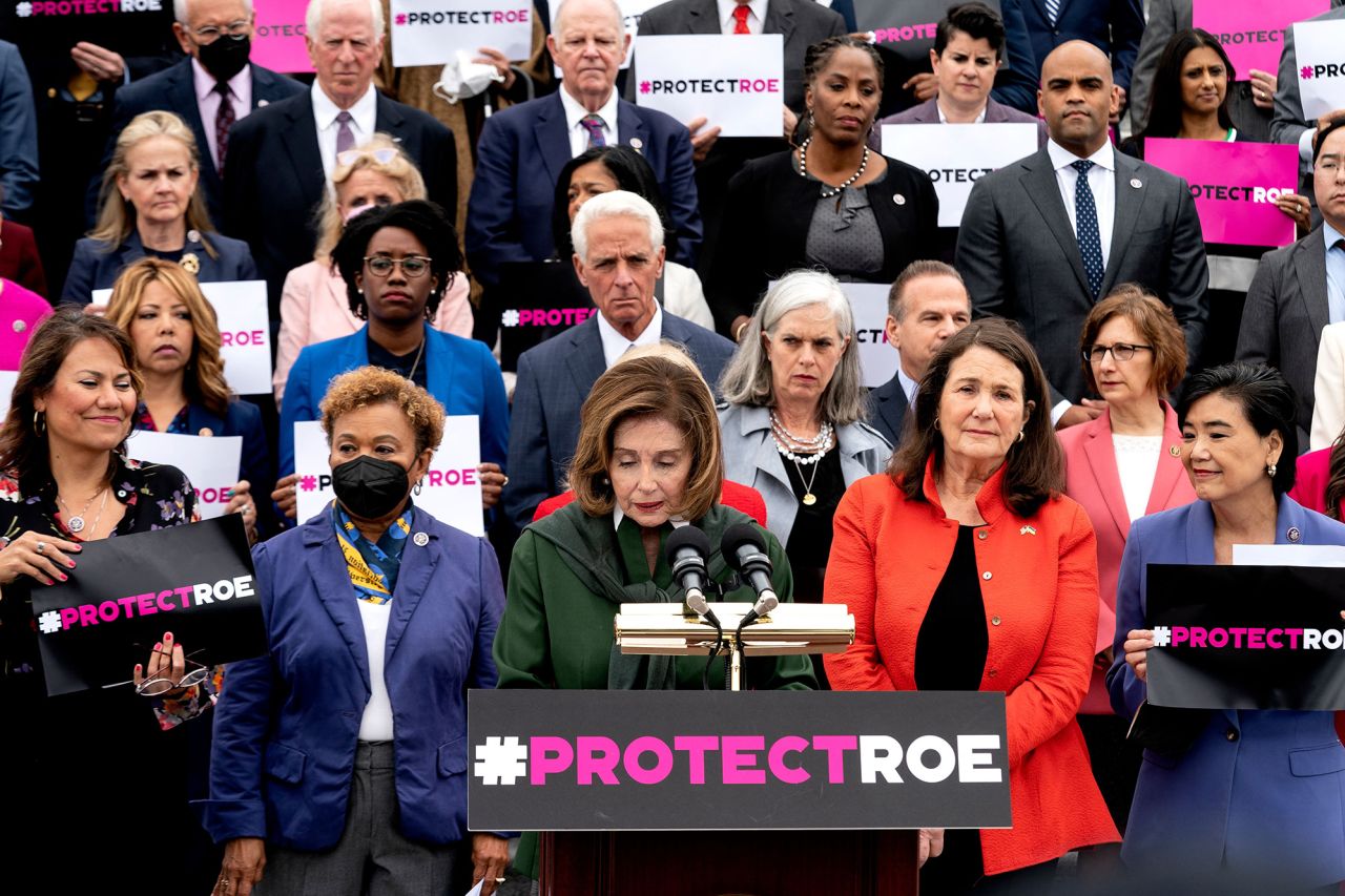 Pelosi is joined by House Democrats and pro-choice advocate for a press conference about the leaked Supreme Court draft decision on Roe v. Wade in May 2022.