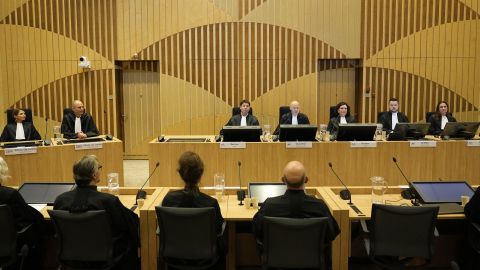Presiding Judge Hendrik Steenhuis, fourth from the right, speaks during the hearing of the MH17 trial at Schiphol Airport, near Amsterdam, the Netherlands, November 17, 2022.