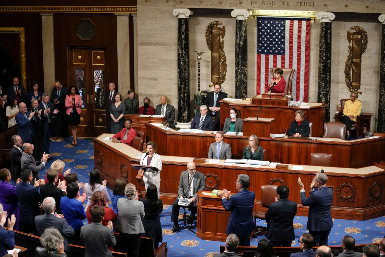 US lawmakers applaud as <a href="https://www.cnn.com/2022/11/17/politics/gallery/nancy-pelosi/index.html" target="_blank">House Speaker Nancy Pelosi</a> speaks on the House floor at the US Capitol on Thursday, November 17. Pelosi announced that she will not run for a leadership post, a move that sets the stage for a major shakeup in House Democratic leadership and marks the end of an era in Washington.