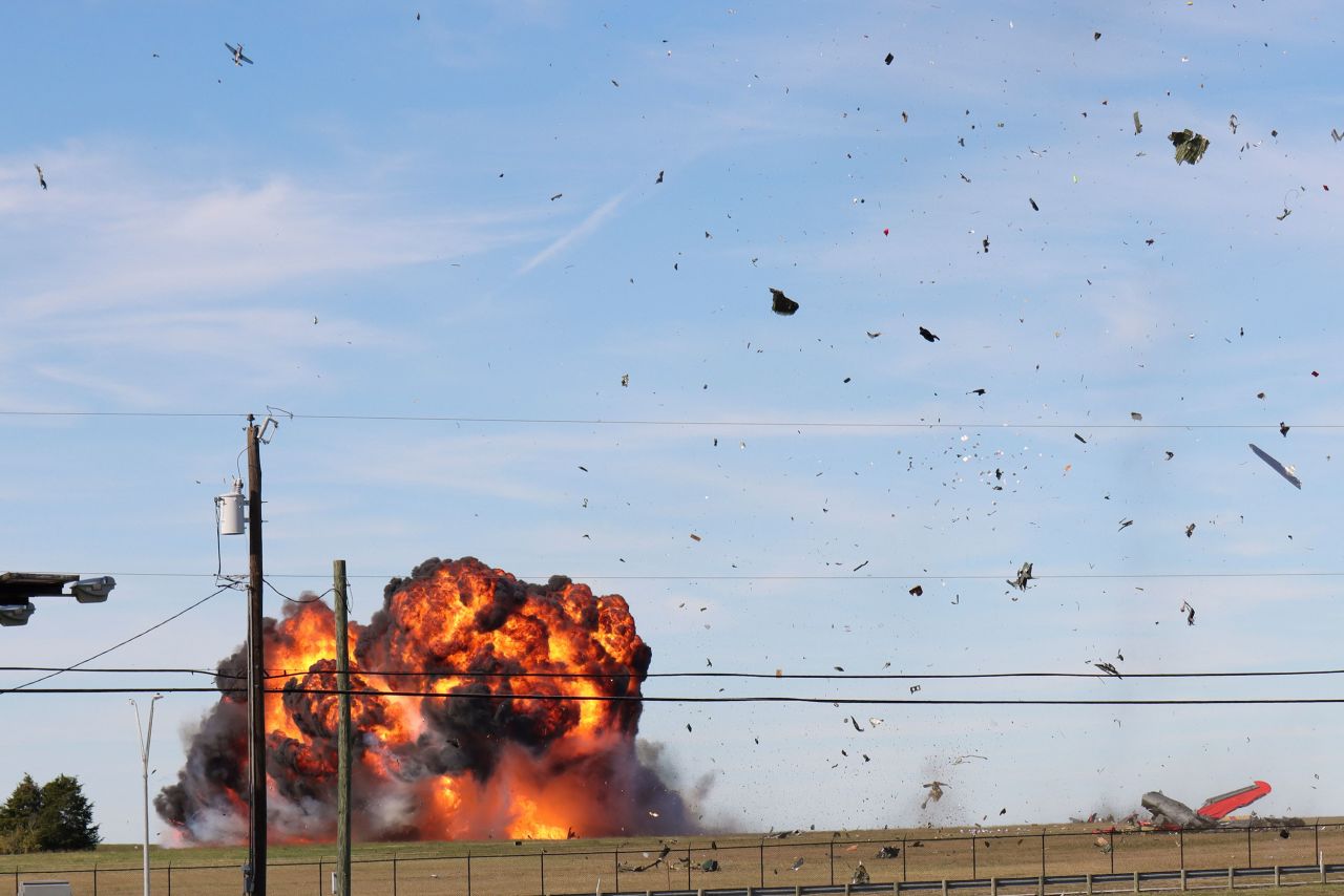 A World War II-era military plane crashes after <a href="https://www.cnn.com/2022/11/13/us/dallas-air-show-collision-sunday" target="_blank">colliding with another plane</a> during an airshow in Dallas on Saturday, November 12. More than 40 fire rescue units responded to the scene after the two vintage planes — a Boeing B-17 Flying Fortress and a Bell P-63 Kingcobra — went down during the Wings Over Dallas airshow. Six people on board were killed, the Dallas County Medical Examiner's office said Sunday.
