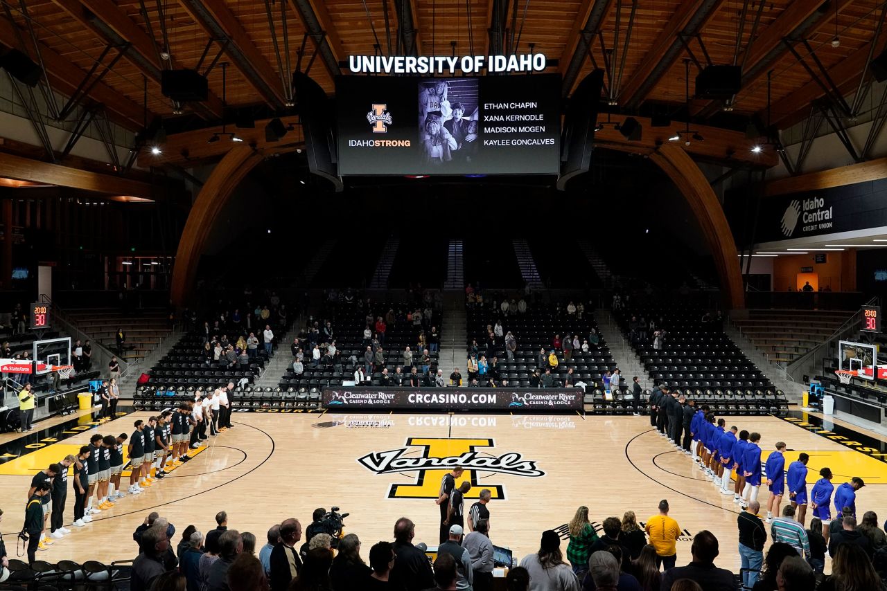 Before a college basketball game at the University of Idaho, a moment of silence is held Wednesday, November 16, for the <a href="https://www.cnn.com/2022/11/14/us/university-idaho-moscow-homicide-investigation" target="_blank">four students</a> who were killed over the weekend at a residence near campus.