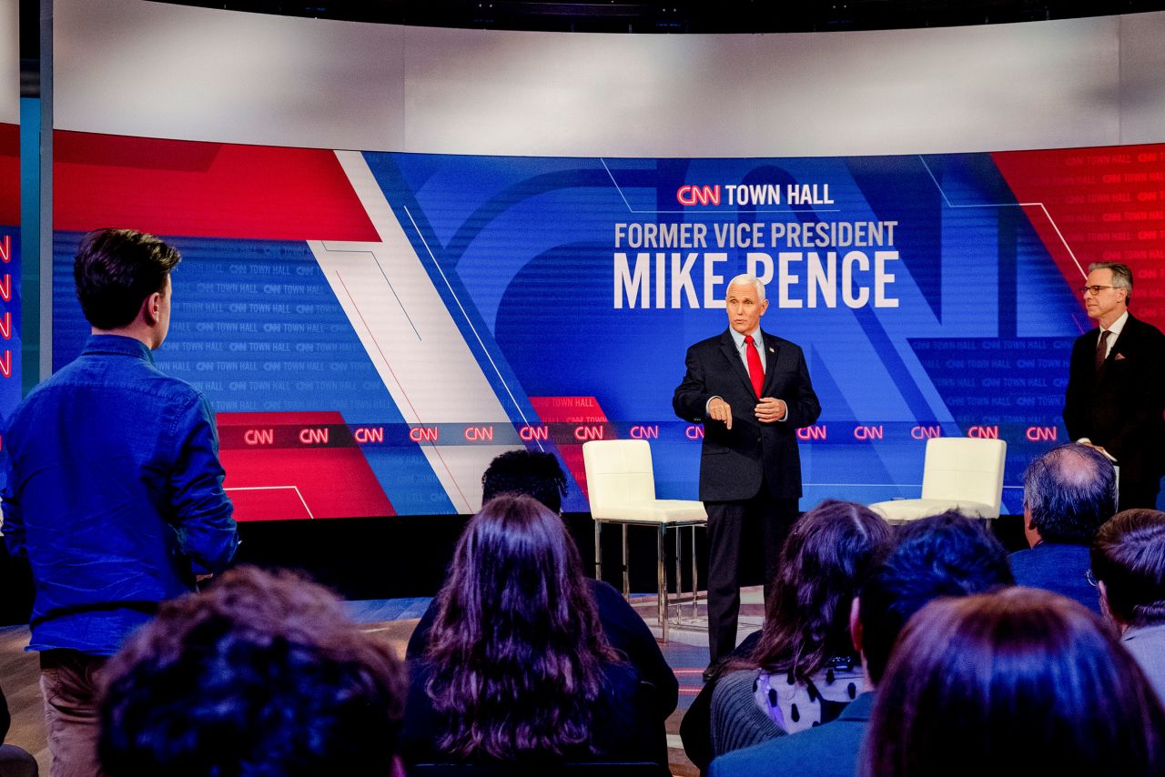 An audience member poses a question to former US Vice President Mike Pence during <a href="https://www.cnn.com/2022/11/16/politics/takeaways-mike-pence-cnn-town-hall/index.html" target="_blank">Pence's town hall</a>, which was hosted by CNN's Jake Tapper in New York on Wednesday, November 16. Pence refused to commit his support to former President Trump's 2024 campaign, and he left the door open to seeking the Republican nomination himself.