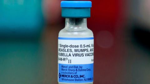 FILE - This Friday, May 17, 2019 file photo shows a vial of a measles, mumps and rubella vaccine in Mount Vernon, Ohio. 