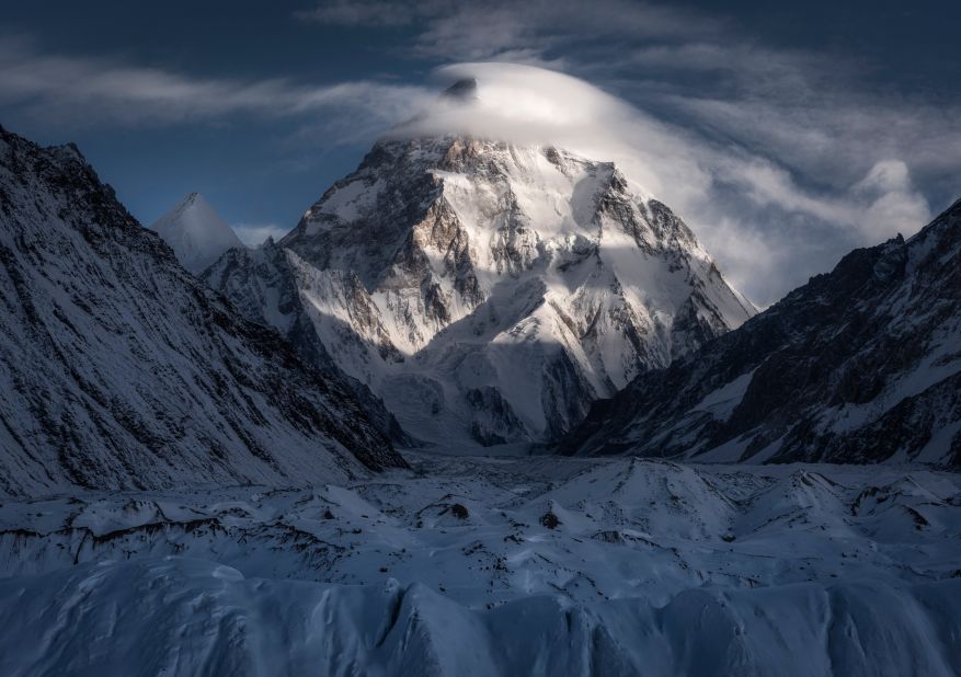 Taken in Pakistan, This shot by Matt Jackisch won the "Mountains" category: "I stood on the Baltoro Glacier in Northern Pakistan at the foot of legendary 8,000-meter mountains like Gasherbrum IV (7,925m), Broad Peak (8,051m) and none other than K2 (8,611m)," he says. "Full winter had set in and everything was white and blue. It was -20 C. Cold, windless, lifeless. The mountain seemed to roar in silence."