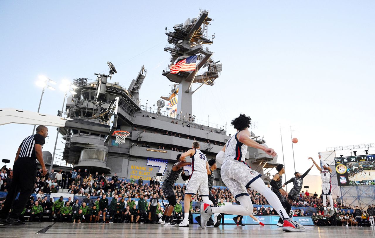 Gonzaga guard Nolan Hickman shoots the ball as the Bulldogs play Michigan State aboard the USS Abraham Lincoln, which was docked in San Diego on Friday, November 11.