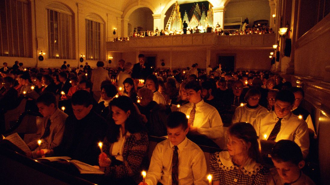 <strong>Bethlehem, Pennsylvania:</strong> Sharing the same name as the birthplace of Jesus in the Bible, the Pennsylvania version of the city goes all out for the holiday. Pictured is a Christmas Eve vigil at the Central Moravian Church.