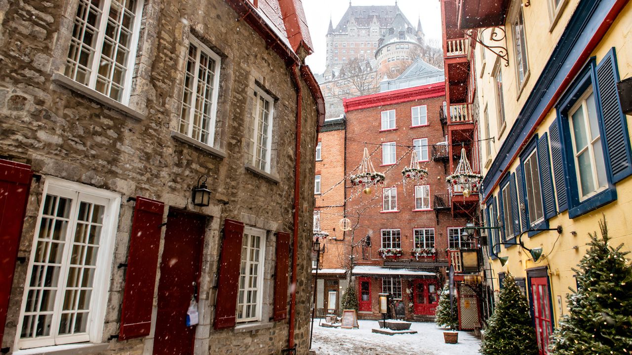 The graceful streets of the historic Petit Champlain district in Quebec City make for a sublime winter holiday stroll.