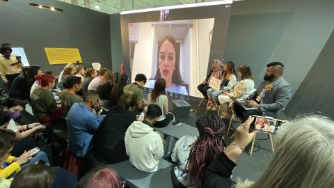 Ukrainian human rights lawyer Oleksandra Matviichuk addresses an audience at COP27 from Kyiv.