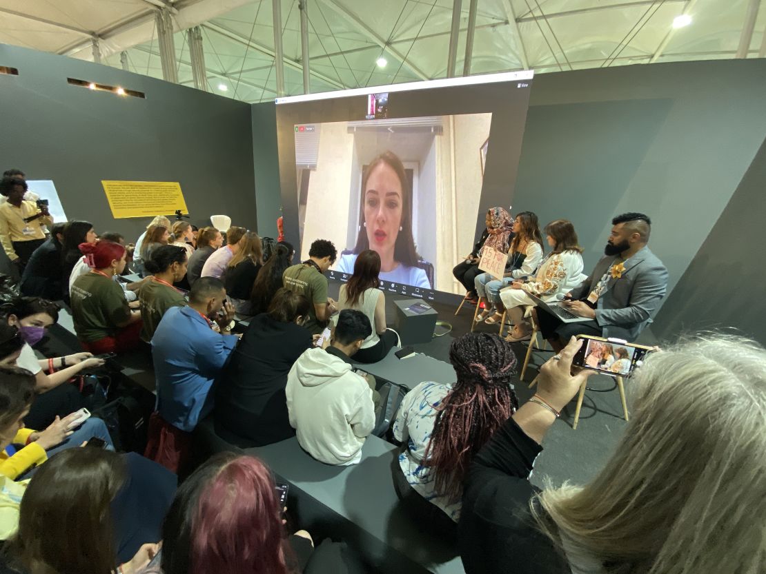 Ukrainian human rights lawyer Oleksandra Matviichuk addresses an audience at COP27 from Kyiv.