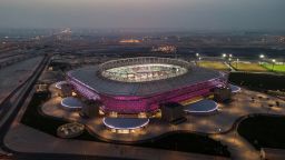 An aerial view of Ahmad Bin Ali stadium at sunset on June 23, 2022 in Al Rayyan, Qatar. Ahmad Bin Ali stadium, designed by Pattern Design studio is a host venue of the FIFA World Cup Qatar 2022 starting in November. 