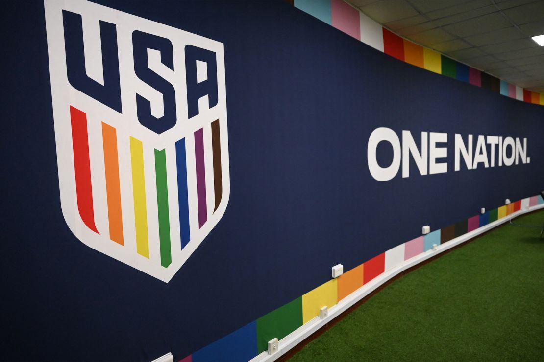 USA's team logo is displayed in a room used for briefings during a training session at the team's training camp in Doha ahead of Qatar 2022. 