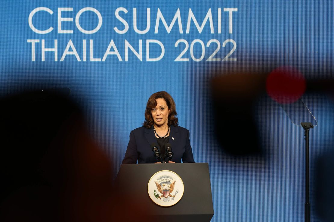 US Vice President Kamala Harris addresses the APEC CEO Summit during the Asia-Pacific Economic Cooperation (APEC) Summit in Bangkok on November 18, 2022. 