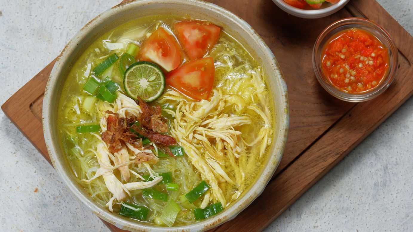 <strong>Soto ayam: </strong>One of the most commonly featured soto (soup) on Indonesian menus is the comforting soto ayam (chicken soup). Of all the chicken sotos, the ones from East Java -- such as soto ayam Madura or Ambengan -- are among the most popular. They have a clear broth and include a generous amount of garlic, shallots, turmeric and chunks of chicken meat.