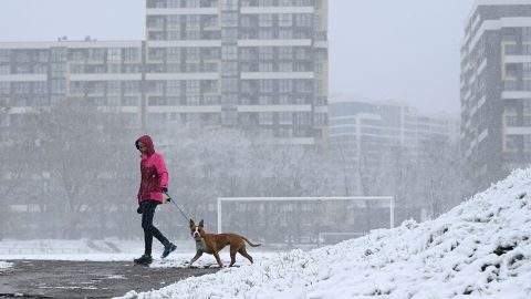 A girl walks a dog during first snow fall in the western Ukrainian city of Lviv.