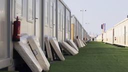 A photo shows "Fan village", supporters' lodging cabin facility, in Doha, Qatar on November 15, 2022. Hotels in Qatar are expensive, so cheap container accommodation has been set up.( The Yomiuri Shimbun via AP Images )