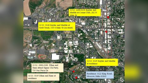 Investigators have released a map showing the movements of four University of Idaho students the night they were murdered.