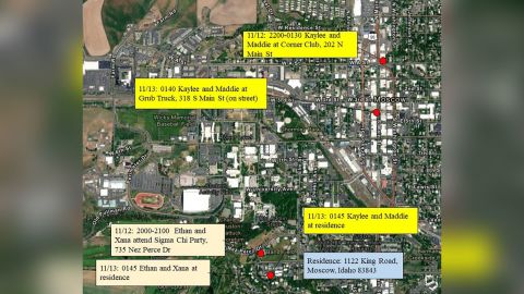 Investigators released a map depicting the movements of four University of Idaho students the night they were murdered.