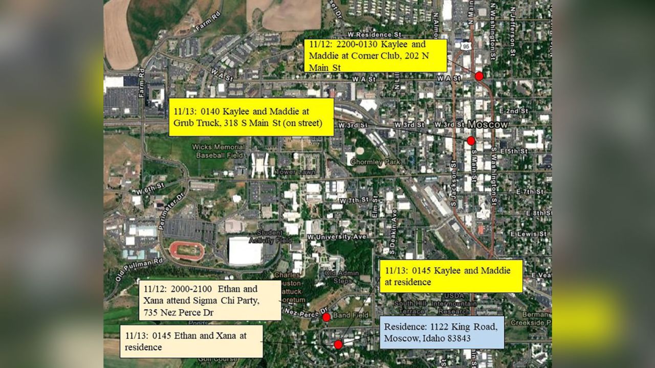 Investigators have released a map depicting the movements of four University of Idaho students the night they were killed.