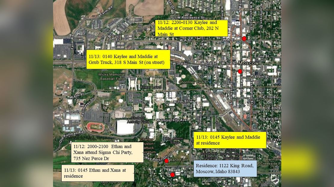 Investigators have released a map depicting the movements of four University of Idaho students the night they were murdered.