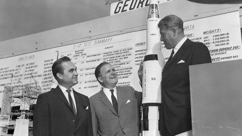 James Webb (center) with Alabama Governor George Wallace and Marshall Space Flight Center Director Dr. Wernher von Braun in 1965. Webb was praised for his role in the lunar program 