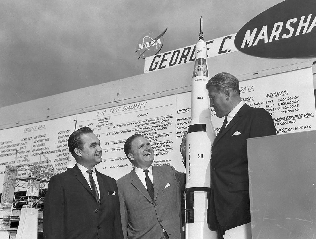 James Webb (center) is flanked by Alabama Gov. George Wallace and Marshall Space Flight Center director Dr. Wernher von Braun in 1965. Webb has been praised for his role in the Apollo moon program.