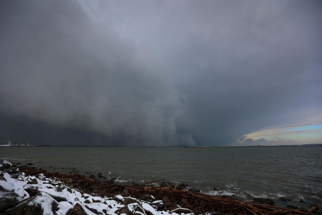 A cloud of snow is seen crossing Lake Erie on Friday.