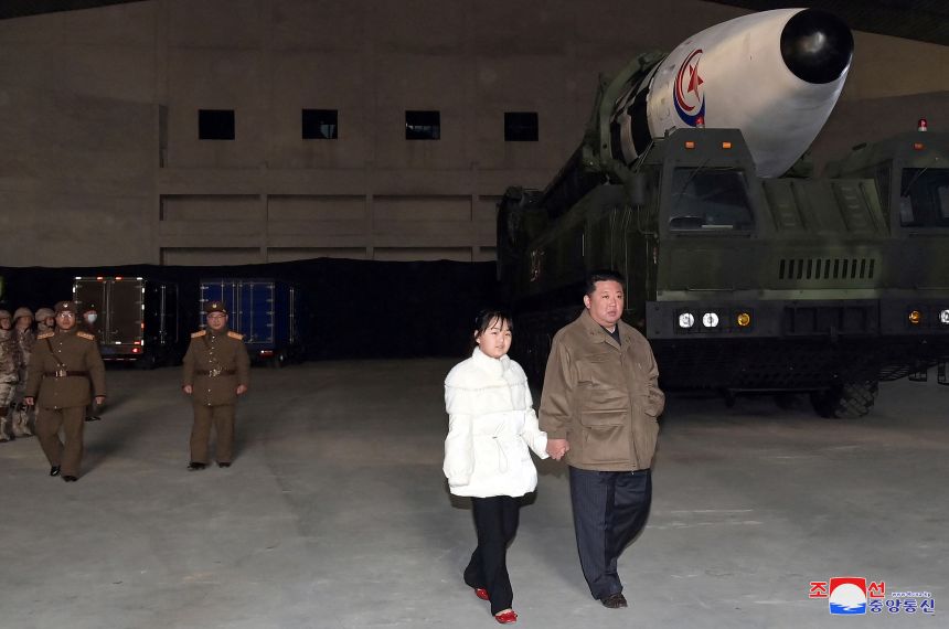 North Korean leader Kim Jong Eun, along with her daughter, will inspect the intercontinental ballistic missile (ICBM) in this undated photo released by North Korean Central News Agency (KCNA) on November 19, 2022. KCNA via Reuters Notice Editor - This image was provided by a third party. There are no third party sales. South Korea. There are no commercial or edited sales in Korea. Reuters is unable to independently verify this image.