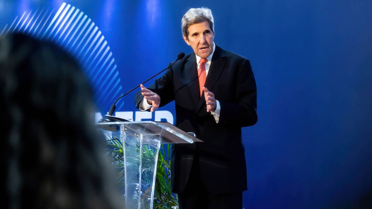 US climate envoy John Kerry speaks in the US Center Pavilion this week during the COP27 UN climate summit.