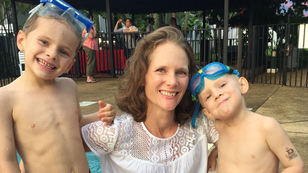 Sarah Langenkamp with her two sons, Oliver and Axel, on July 4, 2017.