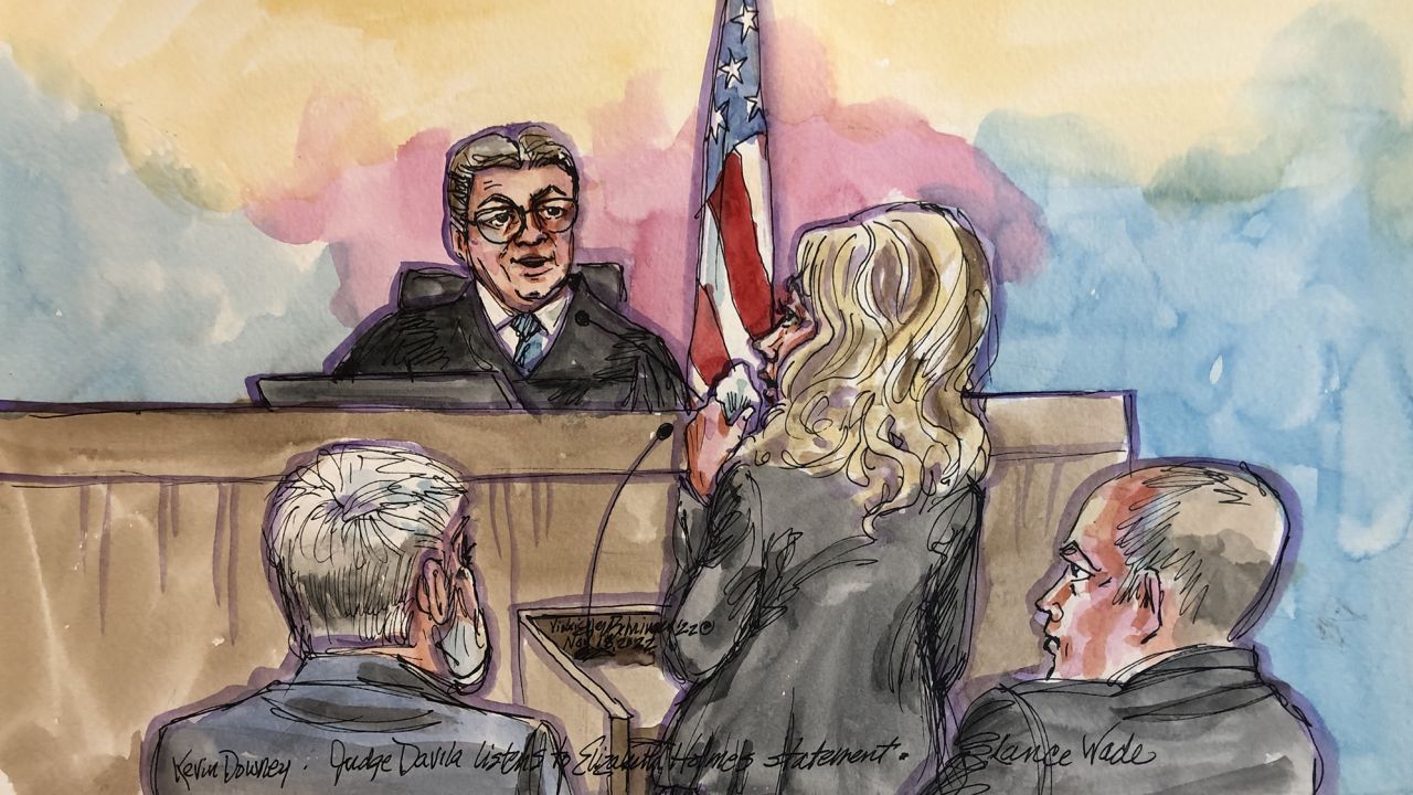 Elizabeth Holmes, the founder of failed blood testing startup Theranos who was convicted of fraud earlier this year, was sentenced today by a judge in court in San Jose, California. She is shown here making a statement to the judge before the sentencing.