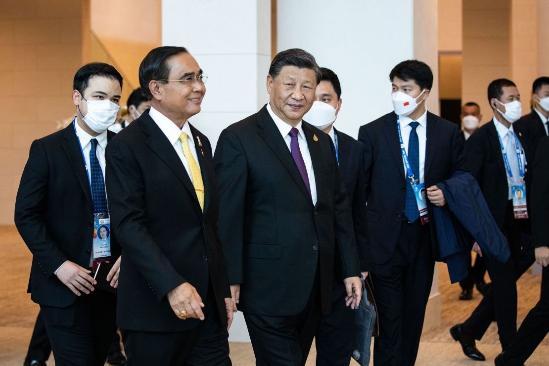 Thai Prime Minister Prayut Chan-o-cha and Chinese leader Xi Jinping meet at APEC on November 18, 2022 in Bangkok, Thailand. 