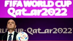 FIFA President Gianni Infantino attends a press conference at the Qatar National Convention Center (QNCC) in Doha on November 19, 2022, ahead of the Qatar 2022 World Cup football tournament. - Infantino hit back at Western critics of Qatar's human rights record at his opening press conference of the World Cup on November 19, blasting their "hypocrisy". (Photo by GABRIEL BOUYS / AFP) (Photo by GABRIEL BOUYS/AFP via Getty Images)