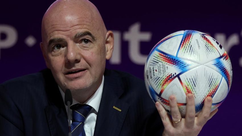 DOHA, QATAR - NOVEMBER 19: FIFA President, Gianni Infantino Speaks Ahead of Opening Match of the FIFA World Cup Qatar 2022 at a press conference on November 19, 2022 in Doha, Qatar. (Photo by Christopher Lee/Getty Images)