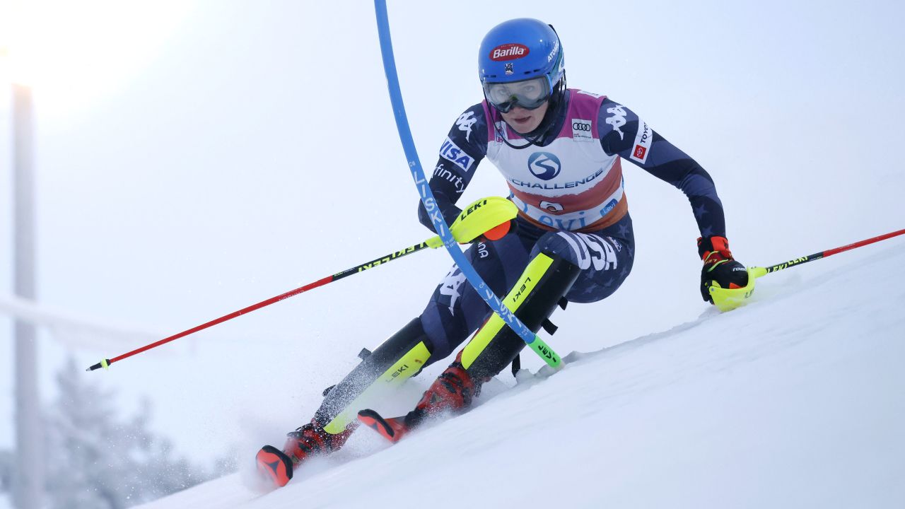 Mikaela Shiffrin in action during the Audi FIS Alpine Ski World Cup Women's Slalom on November 19, 2022 in Levi, Finland.