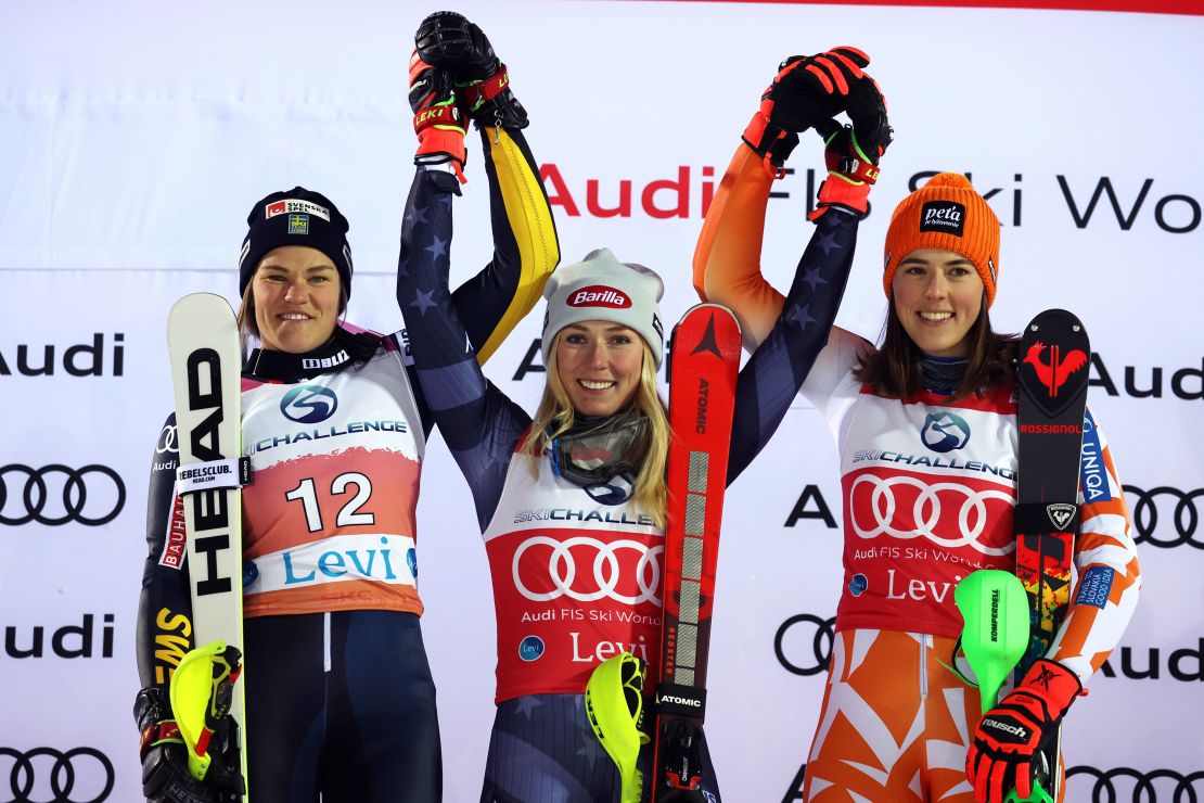 Mikaela Shiffrin celebrates on the podium.