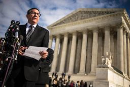 Rev. Rob Schenck speaks to reporters outside the Supreme Court in Washington, DC, on November 6, 2013. 