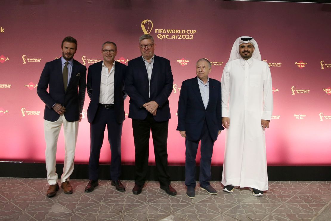 Former England player David Beckham (L) and H.E. Sheikh Joaan Bin Hamad AL-Thani president of Qatar Olympic (R) pose for a picture in November 21, 2021.