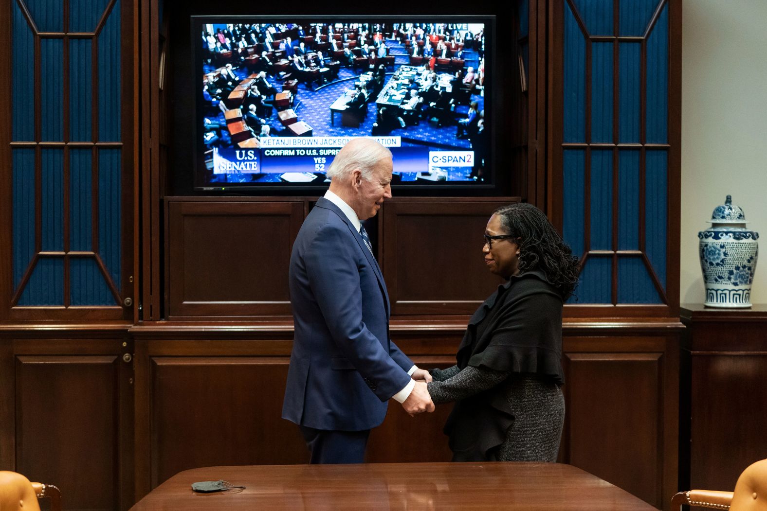 Biden holds hands with <a href="https://www.cnn.com/2022/02/25/politics/gallery/ketanji-brown-jackson/index.html" target="_blank">Ketanji Brown Jackson</a> as the Senate votes on her nomination to the US Supreme Court in April 2022. Jackson was confirmed and made history as <a href="https://www.cnn.com/2022/06/30/politics/who-is-justice-ketanji-brown-jackson/index.html" target="_blank">the first Black woman on the court</a>.